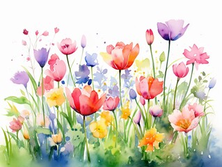 Minimalistic Superb Watercolor Illustration of a Tulip in a Spring Field AI Generated