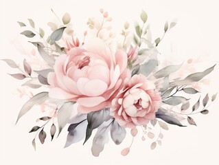 Minimalistic Watercolor Floral Illustration with Pink Flowers and Eucalyptus Greenery AI Generated