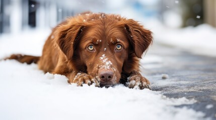 Photo of a lost wet dog lying by the road, abandoned on the street in winter