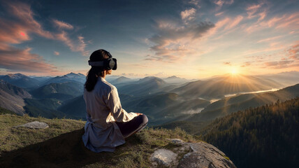 Woman using VR goggles to relax watching the sunrise over the mountains