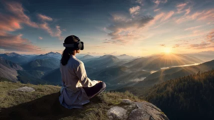 Ingelijste posters Ziekenhuis Woman using VR goggles to relax watching the sunrise over the mountains  © Gary
