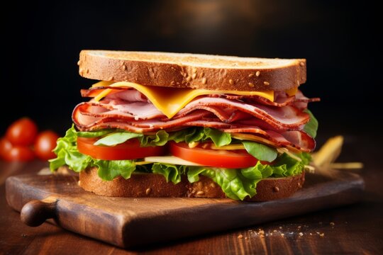 A close-up image of a delectable sandwich layered with ham, lettuce, tomatoes, and cheese, served on a rustic table