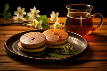 Experience the tranquility of a traditional Japanese snack time featuring Dorayaki and a warm cup of green tea