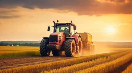 Tractor drives across large field Agricultural vehicle working at sunset, golden hour. 