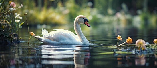 Blurred backdrop of wildlife in a natural pond with a white swan.