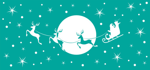 Christmas and new year reindeer with santa claus on a sleign. Moon, snowflakes, houses and christmas trees background. Vector illustration.