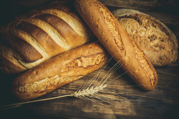 Fresh loaves of bread, various breads for toasts and sandwiches, delicious crispy breads,...