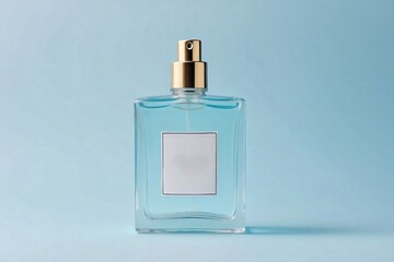 perfume bottle isolated on pastel blue background, mockup