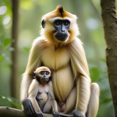 Fototapeta premium close image of Yellow Cheeked Gibbon monkey (Nomascus Gabriallae) mother with child in the forest