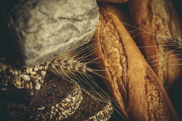 Fresh loaves of bread, various breads for toasts and sandwiches, delicious crispy breads,...
