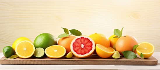 Assorted citrus fruits on wooden board: orange, lemon, lime, grapefruit, tangerine