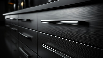 Stainless steel high-end cabinets - low angle shot - bakeh effect - kitchen cabinetry 