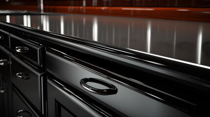 Obraz premium Stainless steel high-end cabinets - low angle shot - bakeh effect - kitchen cabinetry 