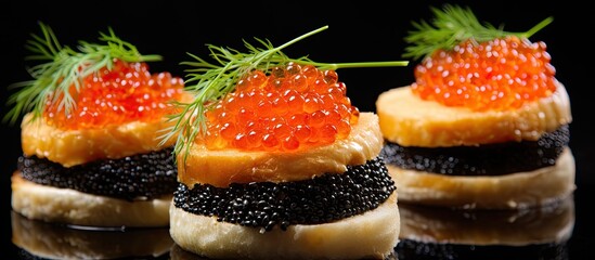 Tasty fish roe caviar sandwiches, nearby.