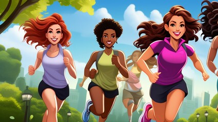 cartoon clipart group of diverse females jogging together in park 