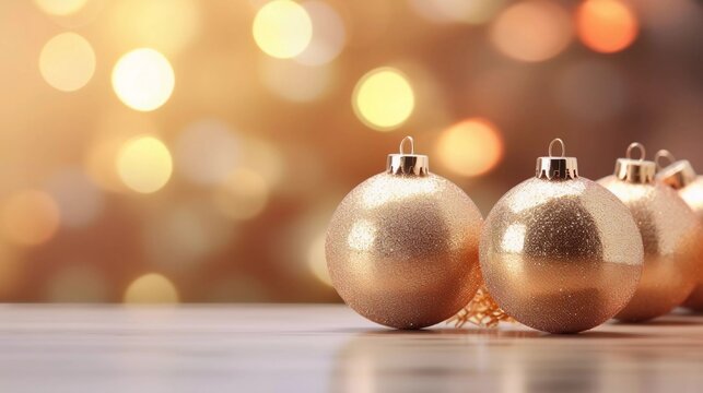 3D rendering of glass Christmas bulbs with bokeh background, Christmas ornaments on Christmas tree with gold and white lights