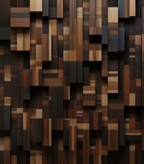 A dark brown wall with symmetrical wooden textures and dark wood accents. Generative AI. - obrazy, fototapety, plakaty