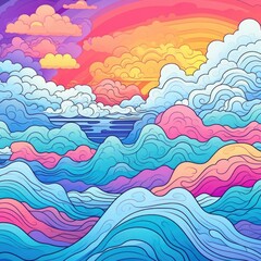 Fototapeta na wymiar A cheerful kawaii aesthetic doodle art of colorful ocean waves and clouds at sunset. Generative AI.