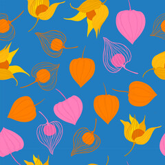 unusual trendy print with stylized physalis. multi-colored plants and vine berries on a modern print