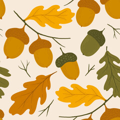 acorns on branches with yellow carved leaves. autumn forest pattern without seams.