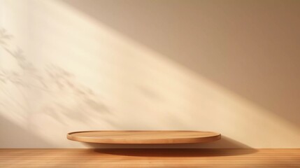 Empty minimalist natural wood table, beautiful wood grain in sunlight, shadow on beige wall, 3D product display background - obrazy, fototapety, plakaty