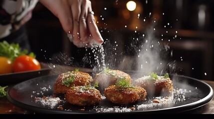 Female chef cooks delicious and appetizing cutlets, hands sprinkle seasoning powder on top, food is...