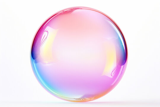 One rainbow soap bubble floating in the air isolated on white background. Iridescent bubbles. Dreaming, fun and joy concept, copy space for text