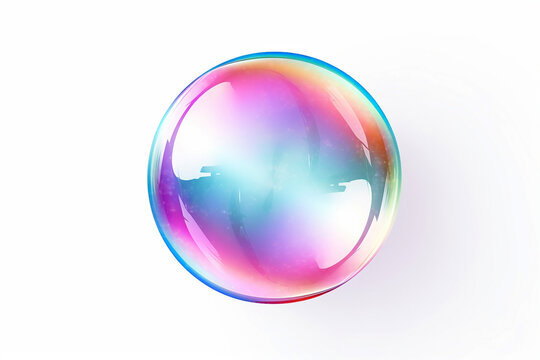 One rainbow soap bubble floating in the air isolated on white background. Iridescent bubbles. Dreaming, fun and joy concept, copy space for text