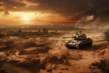 Main battle tanks drive crosses in the desert, Military or army special operation