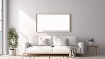 Mockup frame in a simple, comfortable family room interior, 3D rendering, the effect of sunlight through the windows shining on the white wall