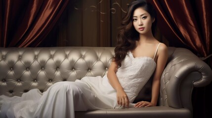 Photo of Asian female model, sitting on tufted sofa, wearing white dress, bright, attractive