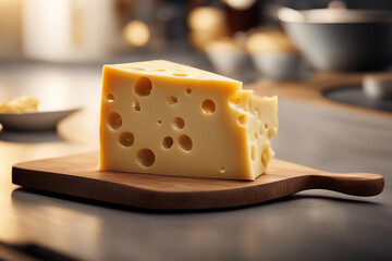 Cheese. A piece of cheese on a wooden board. Selective focus. AI generated