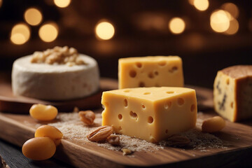 Cheese. Big piece of cheese on a wooden board. AI generated - obrazy, fototapety, plakaty