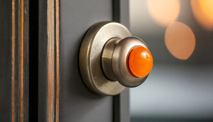 A close up of a door knob with an orange button - obrazy, fototapety, plakaty