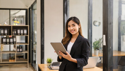 A beautiful Asian businesswoman holding a digital tablet while standing in the office room. Business concept.