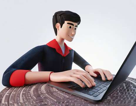 3d render character of a man hands typing keyboard on laptop computer, Isolated on white background for technology and innovation concepts