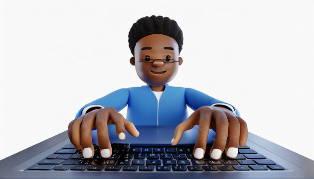 3d render character of a man hands typing keyboard on laptop computer, Isolated on white background; human emotions and technology concept