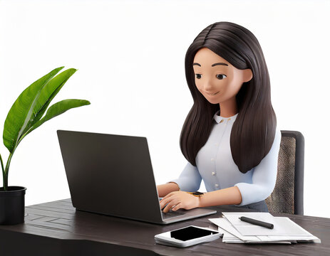 3d render character of a woman hands typing keyboard on laptop computer, plant, coffee, papers, phone, Isolated on white background