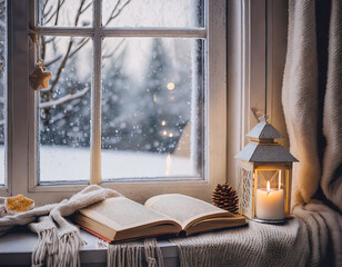 A cozy winter window with a book, candle and mug