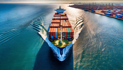 Aerial top view of cargo maritime ship sails with containers - obrazy, fototapety, plakaty