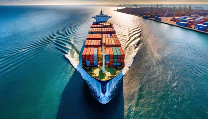 Fotobehang Aerial top view of cargo maritime ship sails with containers © Merlin