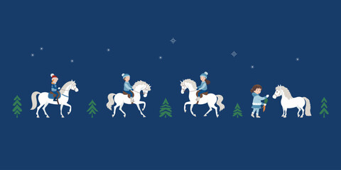 Winter, Christmas holidays, kids riding horses, vector illustration