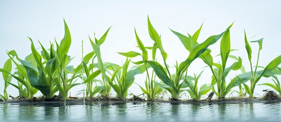 Corn seedlings submerged in water - obrazy, fototapety, plakaty