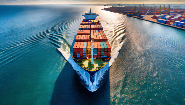 Aerial top view of cargo maritime ship sails with containers