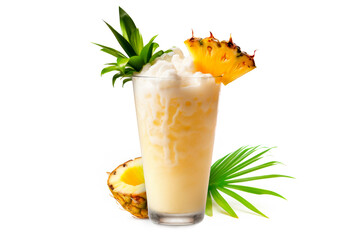Pina Colada with pineapple, coconut and creamy white top isolated on white - obrazy, fototapety, plakaty