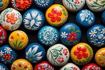 beautiful delicious hand painted macaroons pattern with folklore floral motifs - obrazy, fototapety, plakaty