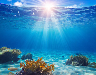 Fototapeta na wymiar Beautiful blue ocean background with sunlight and undersea scene