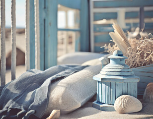 Beach house decor. Coastal blues, sandy neutrals. Nautical motifs, natural textures. Relaxed and airy, capturing the essence of seaside living.