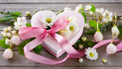 Beautiful valentine composition spring flowers. pigmy heart with pink ribbon