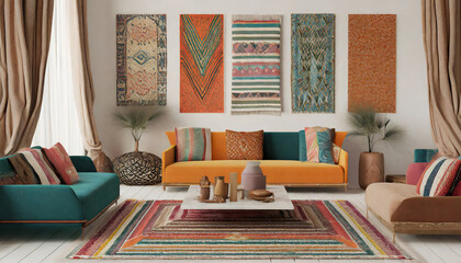 Bohemian-inspired space. Layered textiles, eclectic patterns. Low seating, vibrant hues. Global decor elements, creating a relaxed and artistic vibe.